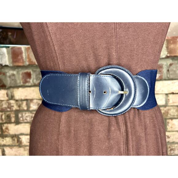 elastic belt chunky genuine leather navy blue 1980s - Picture 1 of 9
